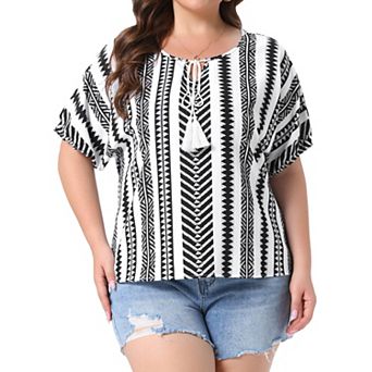 Plus Size Boho Tops for Women Floral V Neck Drawstring Short Sleeve Summer Blouse