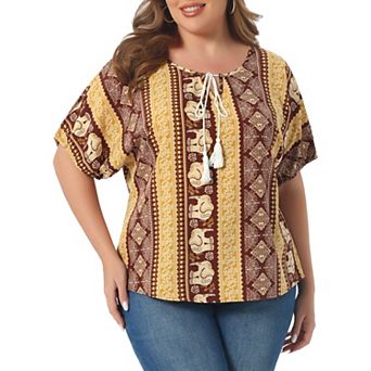 Plus Size Boho Tops for Women Floral V Neck Drawstring Short Sleeve Summer Blouse