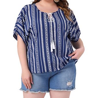 Plus Size Boho Tops for Women Floral V Neck Drawstring Short Sleeve Summer Blouse