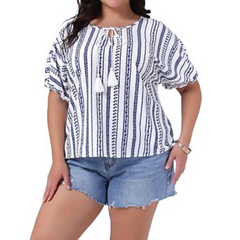 Plus Size Boho Tops for Women Floral V Neck Drawstring Short Sleeve Summer Blouse