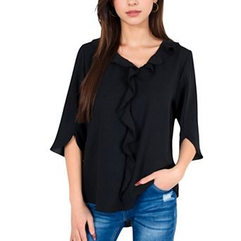 Women's Ruffle Front Blouse with 3/4 Split Sleeves