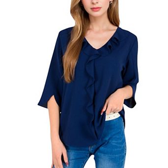 Women's Ruffle Front Blouse with 3/4 Split Sleeves