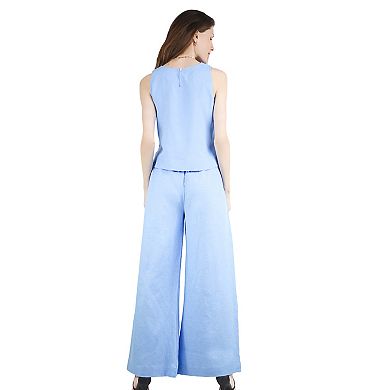 Women's Two Piece Boat Neck Sleeveless Linen Crop Tank Top Wide Leg Pants Matching Set