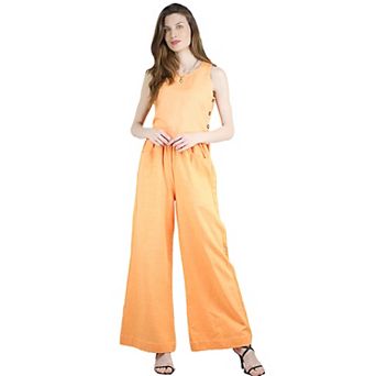 Women's Two Piece Boat Neck Sleeveless Linen Crop Tank Top Wide Leg Pants Matching Set