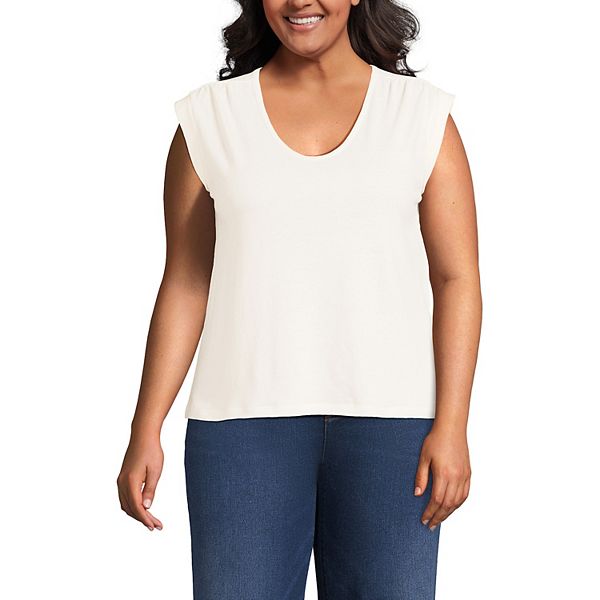 売れ筋商品|||ランズエンド カットソー トップス レディース Plus Size Linen Blend Cap Sleeve Gathered Shoulder Tee Ivory Lands' End Women's Plus Size Linen Blend Cap Sleeve Gathered