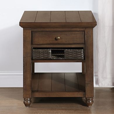 Steve Silver Co. Rustic Wood End Table with Drawer & Storage Basket
