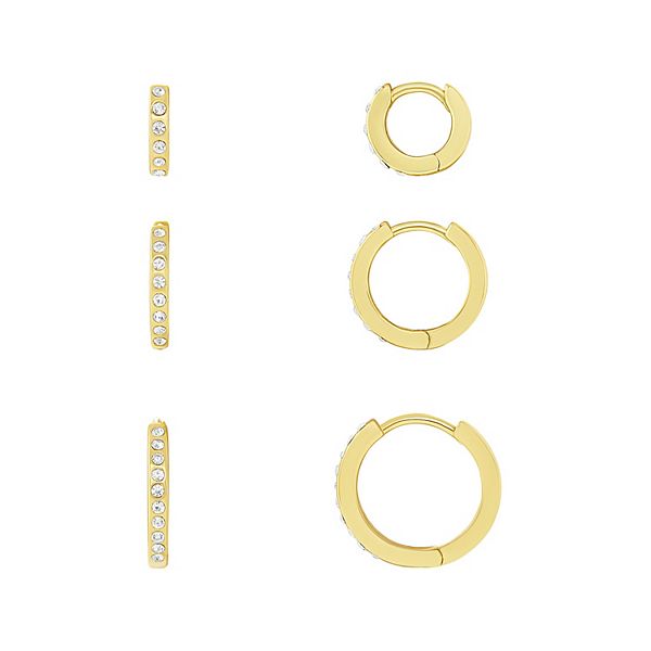 PRIMROSE 3-Pair Crystal Huggie Hoop Earring Set - Gold Tone