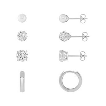 PRIMROSE 4-Pair Cubic Zirconia & Simulated Pearl Earring Set