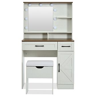 Farmhouse Makeup Vanity Desk with Mirror and Lights