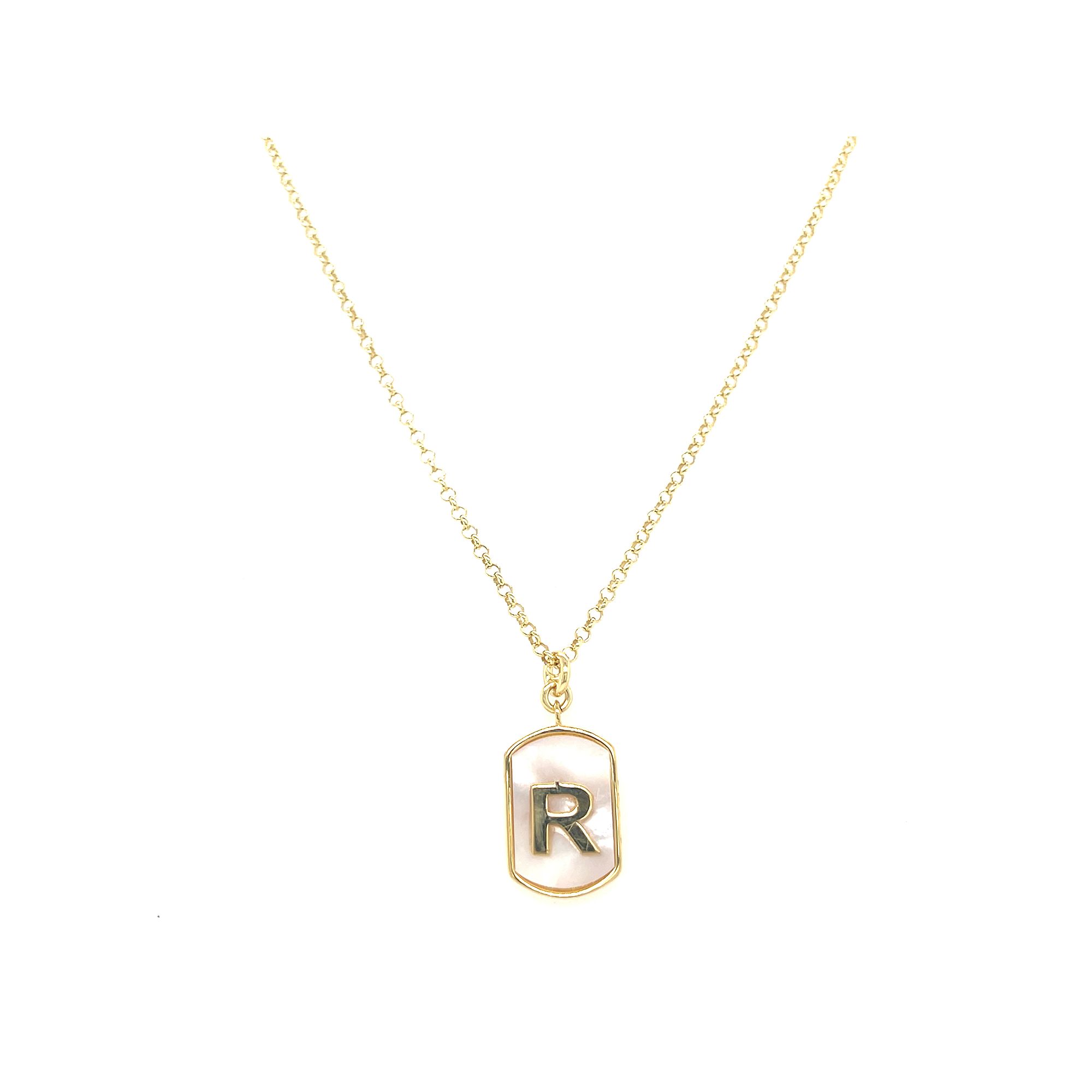Meshmerise 18k Gold Over Silver Mother-Of-Pearl Initial Dog Tag Necklace, 