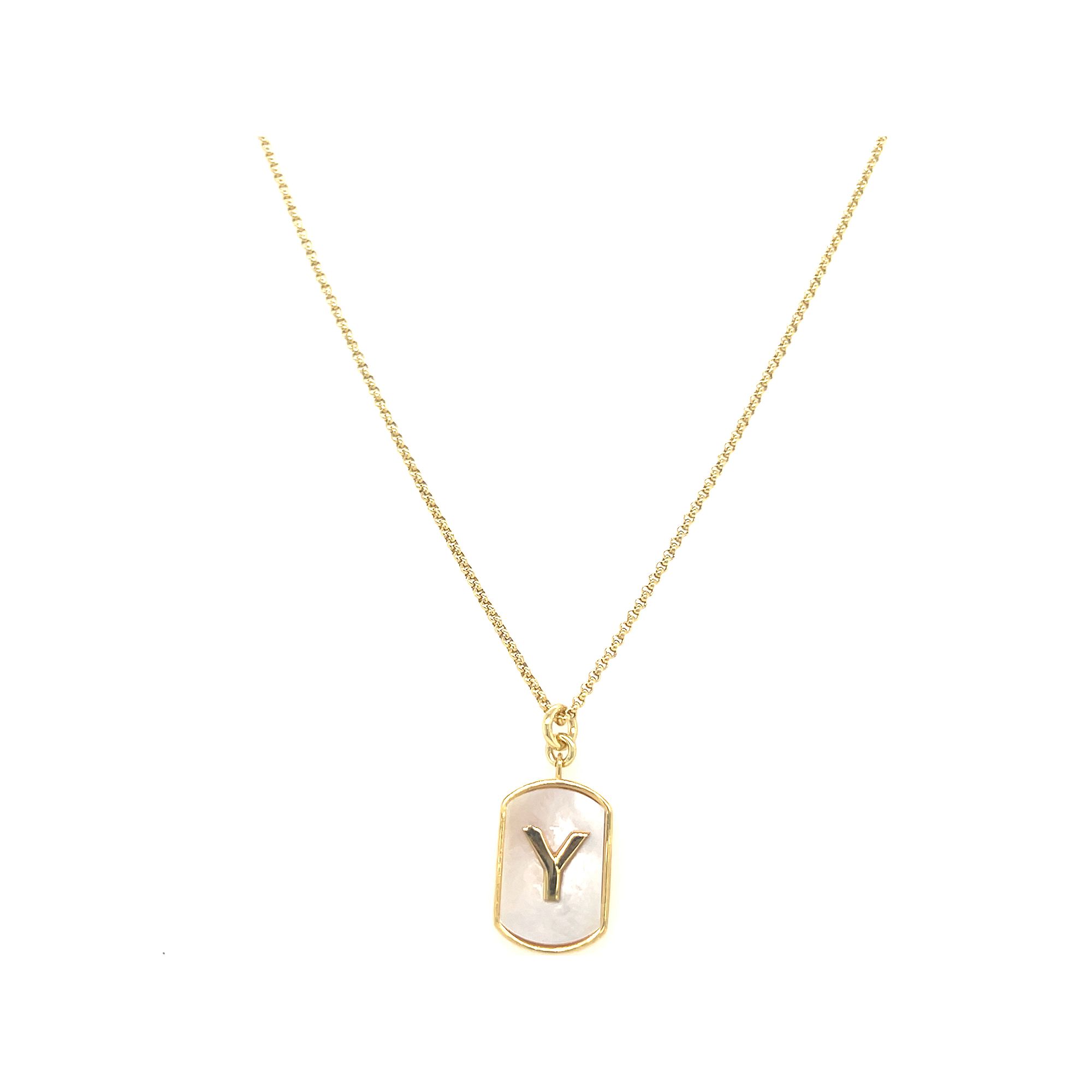 Meshmerise 18k Gold Over Silver Mother-Of-Pearl Initial Dog Tag Necklace, 