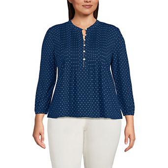 Plus Size Lands' End Lightweight Jersey Button Pintuck Top