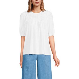 Women's Lands' End Smocked Crew Puff Sleeve Top