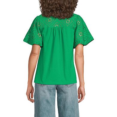 Women's Lands' End Eyelet Crew Puff Sleeve Top