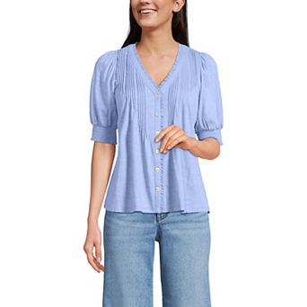 Women's Lands' End Button Pintuck Puff Sleeve Top