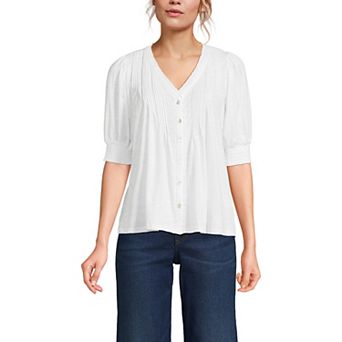 Women's Lands' End Button Pintuck Puff Sleeve Top