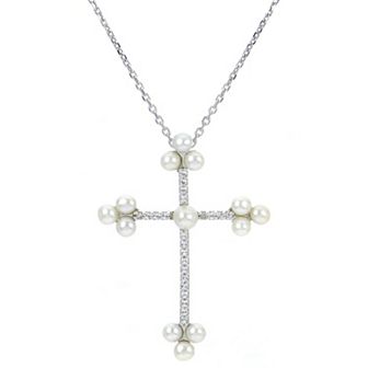 PearLustre by Imperial Sterling Silver Freshwater Cultured Pearl and Lab-Created White Sapphire Cross Necklace