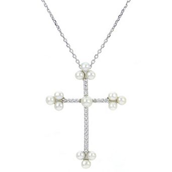 PearLustre by Imperial Sterling Silver Freshwater Cultured Pearl and Lab-Created White Sapphire Cross Necklace