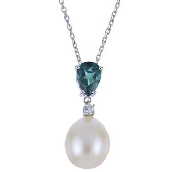 PearLustre by Imperial Sterling Silver Cultured Pearl, Lab Created Emerald & Sapphire Pendant