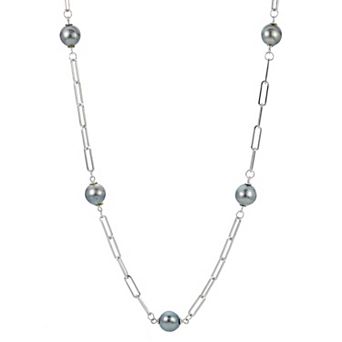 PearLustre by Imperial Sterling Silver Cultured Tahitian Pearl Paper Clip Chain Station Necklace