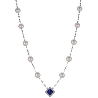 PearLustre by Imperial Sterling Silver Cultured Pearl & Lab Created Sapphire Station Necklace