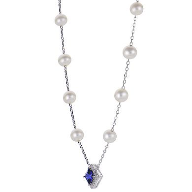 PearLustre by Imperial Sterling Silver Cultured Pearl & Lab Created Sapphire Station Necklace