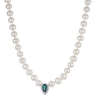 PearLustre by Imperial Sterling Silver Lab-Created Emerald, Lab-Created White Sapphire & Freshwater Cultured Pearl Necklace