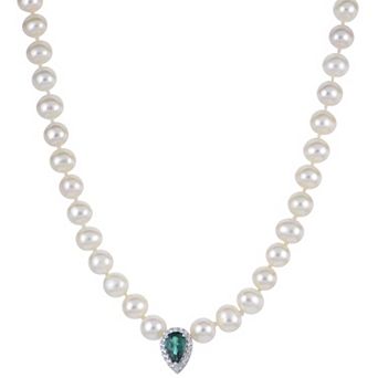 PearLustre by Imperial Sterling Silver Lab-Created Emerald, Lab-Created White Sapphire & Freshwater Cultured Pearl Necklace