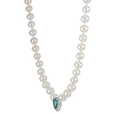 PearLustre by Imperial Sterling Silver Lab-Created Emerald, Lab-Created White Sapphire & Freshwater Cultured Pearl Necklace
