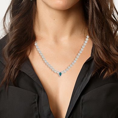 PearLustre by Imperial Sterling Silver Lab-Created Emerald, Lab-Created White Sapphire & Freshwater Cultured Pearl Necklace