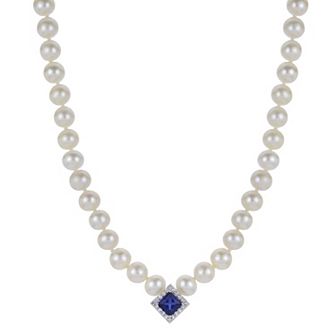 PearLustre by Imperial Sterling Silver Lab-Created Blue Sapphire, Lab-Created White Sapphire & Freshwater Cultured Pearl Necklace