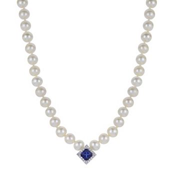 PearLustre by Imperial Sterling Silver Lab-Created Blue Sapphire, Lab-Created White Sapphire & Freshwater Cultured Pearl Necklace