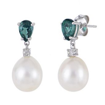 PearLustre by Imperial Sterling Silver Cultured Pearl, Lab Created Emerald & Sapphire Drop Earrings