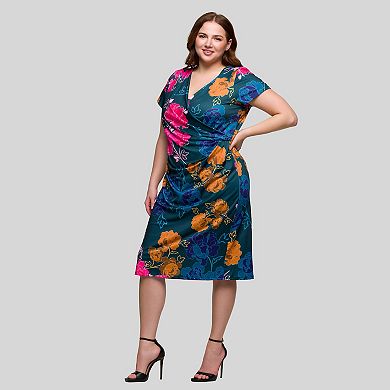 Plus Size 24Seven Comfort Apparel Knee Length Short Sleeve Faux Wrap Dress