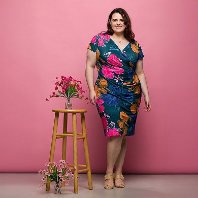 Plus Size 24Seven Comfort Apparel Knee Length Short Sleeve Faux Wrap Dress