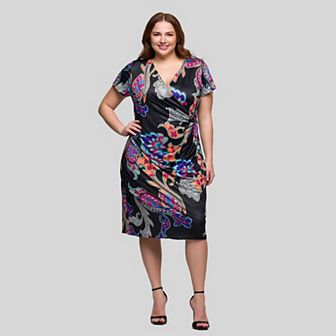 Plus Size 24Seven Comfort Apparel Knee Length Short Sleeve Faux Wrap Dress