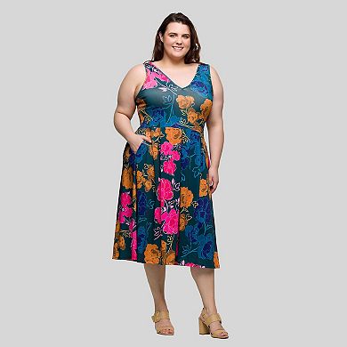 Plus Size 24Seven Comfort Apparel Midi Length Pleated Pocket Dress