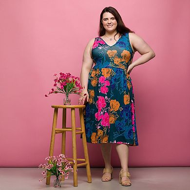 Plus Size 24Seven Comfort Apparel Midi Length Pleated Pocket Dress