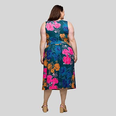 Plus Size 24Seven Comfort Apparel Midi Length Pleated Pocket Dress