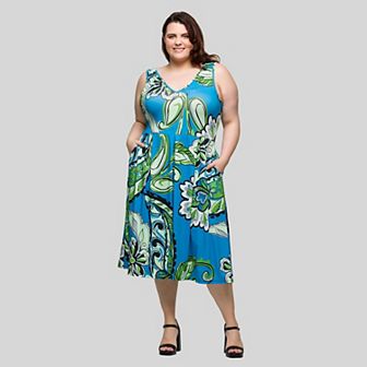 Plus Size 24Seven Comfort Apparel Midi Length Pleated Pocket Dress
