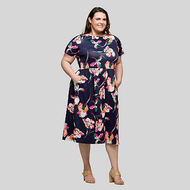 Plus Size 24Seven Comfort Apparel Pleated Flare Midi Pocket Dress