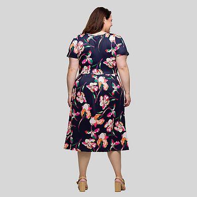 Plus Size 24Seven Comfort Apparel Pleated Flare Midi Pocket Dress