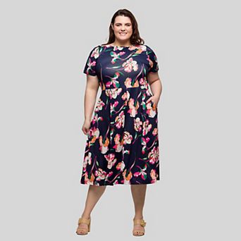 Plus Size 24Seven Comfort Apparel Pleated Flare Midi Pocket Dress