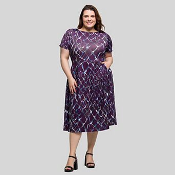 Plus Size 24Seven Comfort Apparel Pleated Flare Midi Pocket Dress
