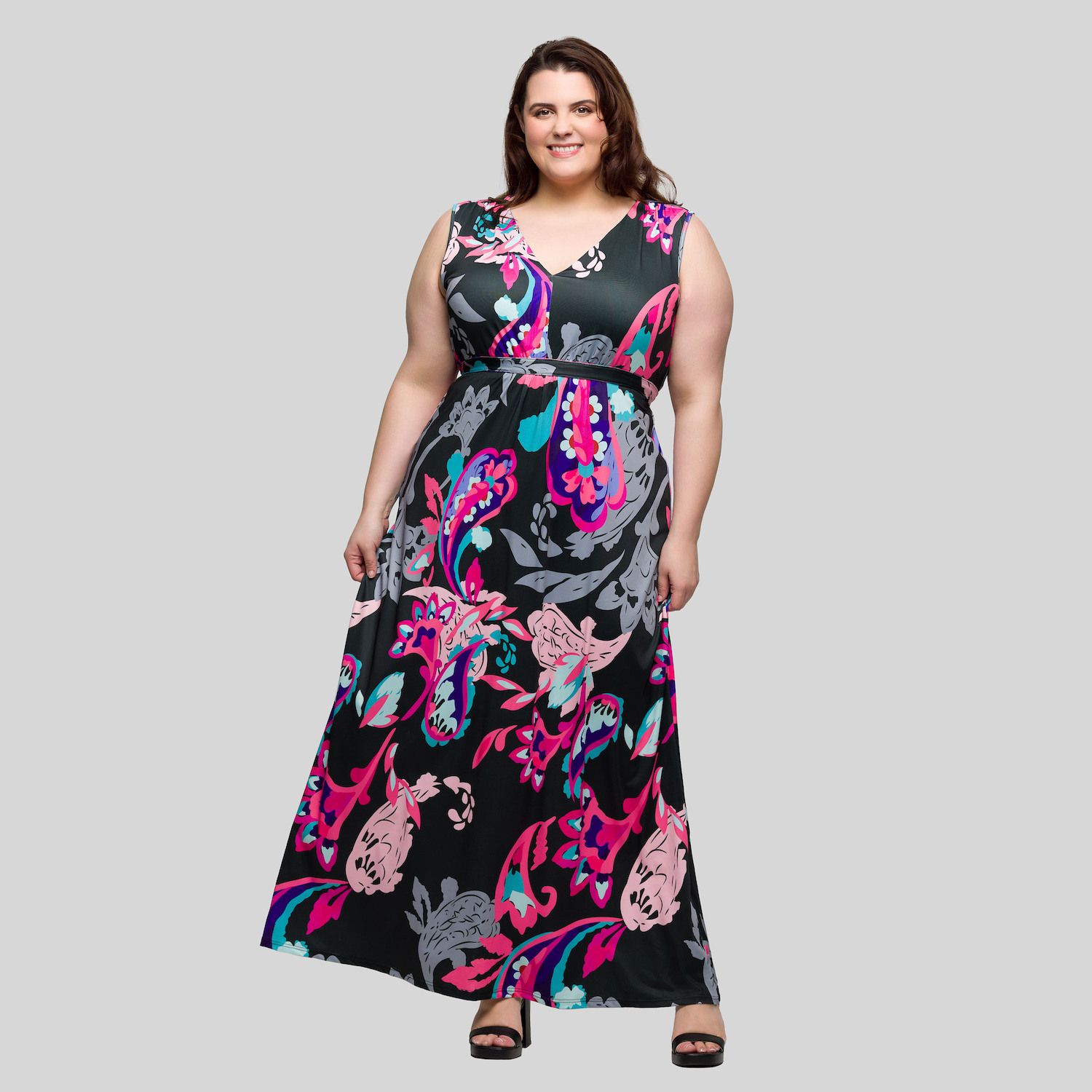 Женские платья 24Seven Comfort Apparel Plus Size 24Seven Comfort Apparel V-Neck Empire Waist Sleeveless Maxi Dress