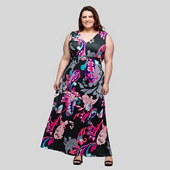Plus Size 24Seven Comfort Apparel V-Neck Empire Waist Sleeveless Maxi Dress
