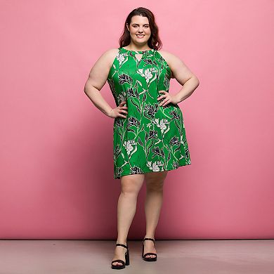 Plus Size 24Seven Comfort Apparel Knee Length Sleeveless Floral Print Keyhole Dress