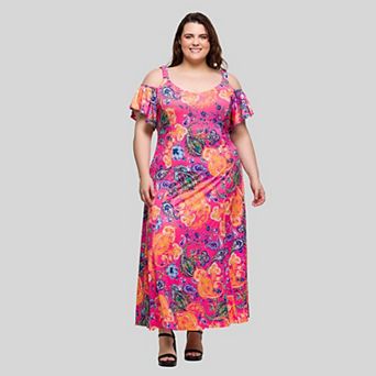 Plus Size 24Seven Comfort Apparel Cold Shoulder Ruffle Sleeve Maxi Dress