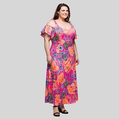 Plus Size 24Seven Comfort Apparel Cold Shoulder Ruffle Sleeve Maxi Dress