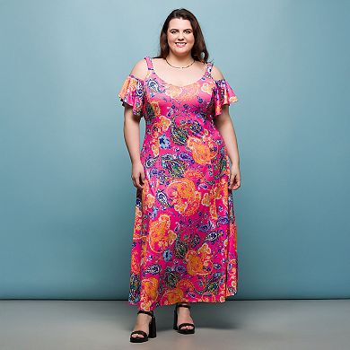 Plus Size 24Seven Comfort Apparel Cold Shoulder Ruffle Sleeve Maxi Dress